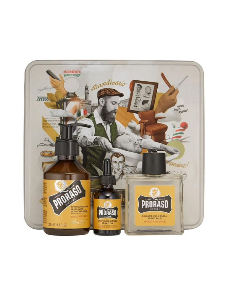 PRORASO Metal Box Beard Care Wood and Spice| Kit para barba